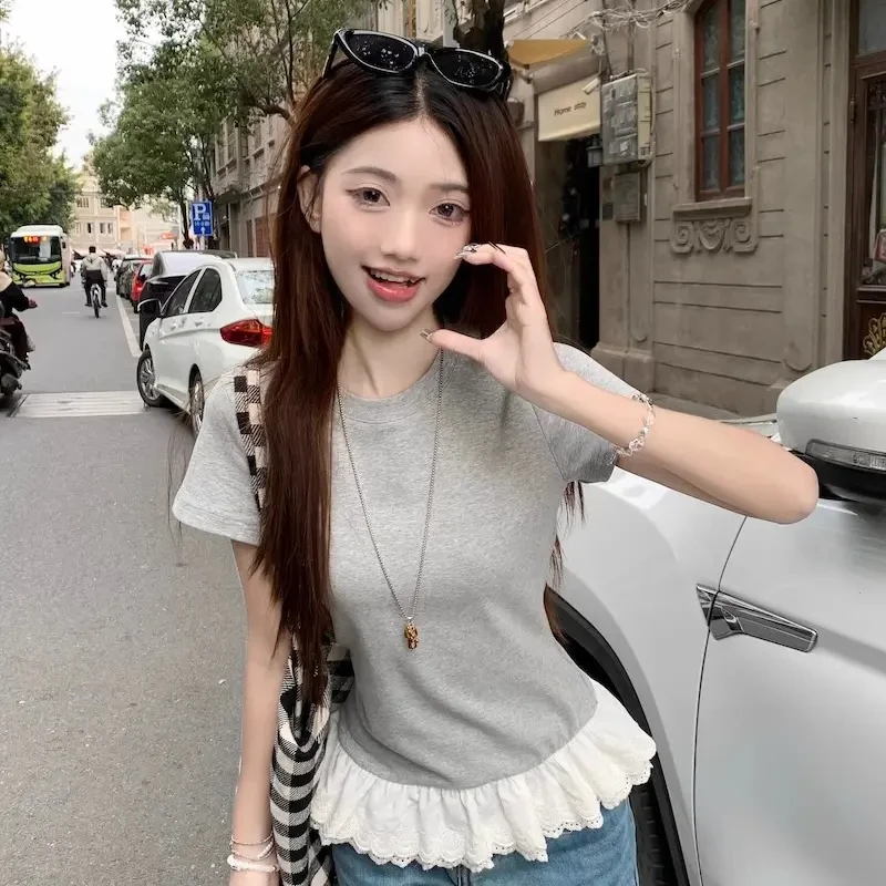 下摆拼接蕾丝花边短袖T恤女2025夏季新款小众设计感修身白色上衣
