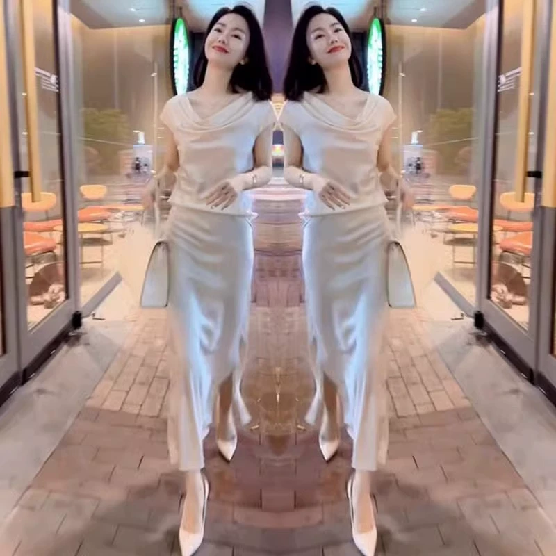 2025年夏季网红新款时尚高级感欧货简约气质荡领上衣半身裙套装女