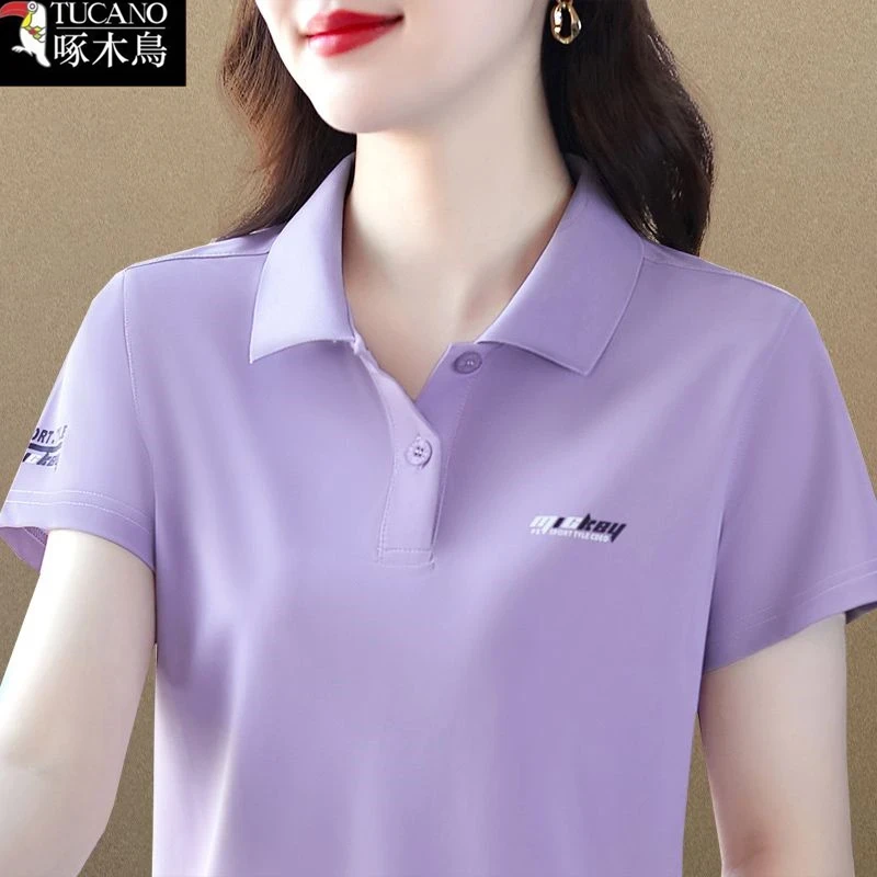 啄木鸟~纯棉翻领短袖t恤女夏季2025新款时尚妈妈装POLO衫宽松上衣
