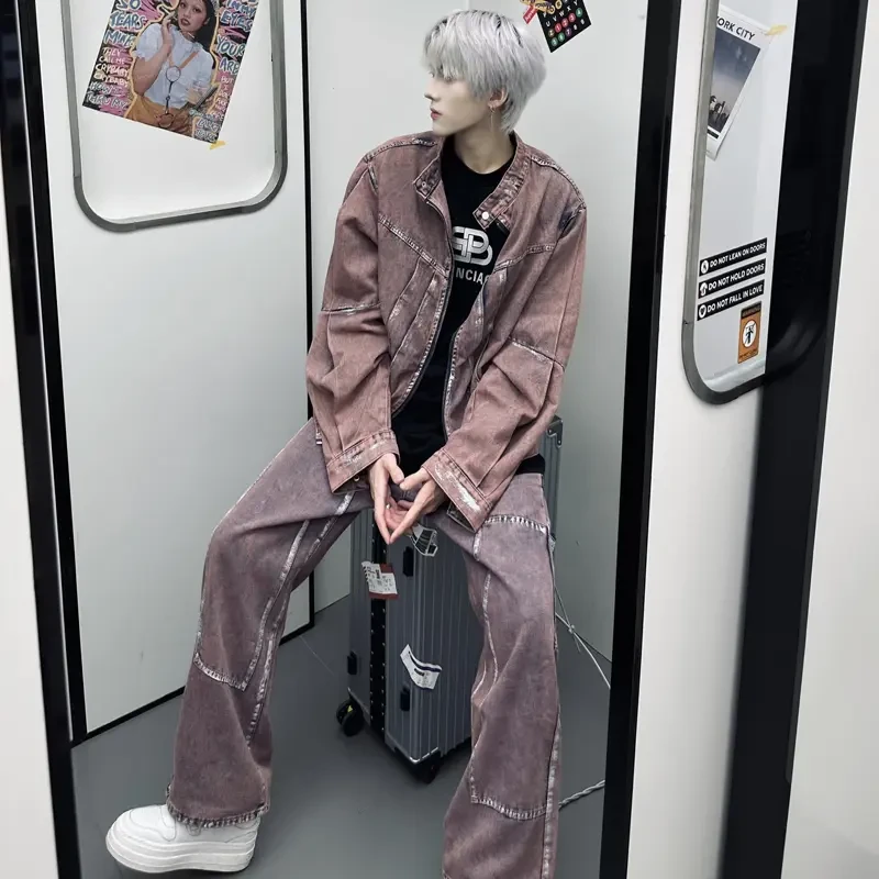 解构褶皱水洗夹克牛仔裤套装男春秋美式高街潮牌痞帅休闲运动两件