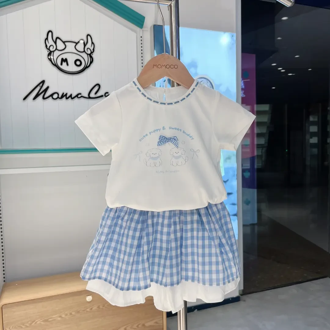 MOMOCO/玛米玛卡童装女童夏季甜美洋气蓝色格子两件套77630235106