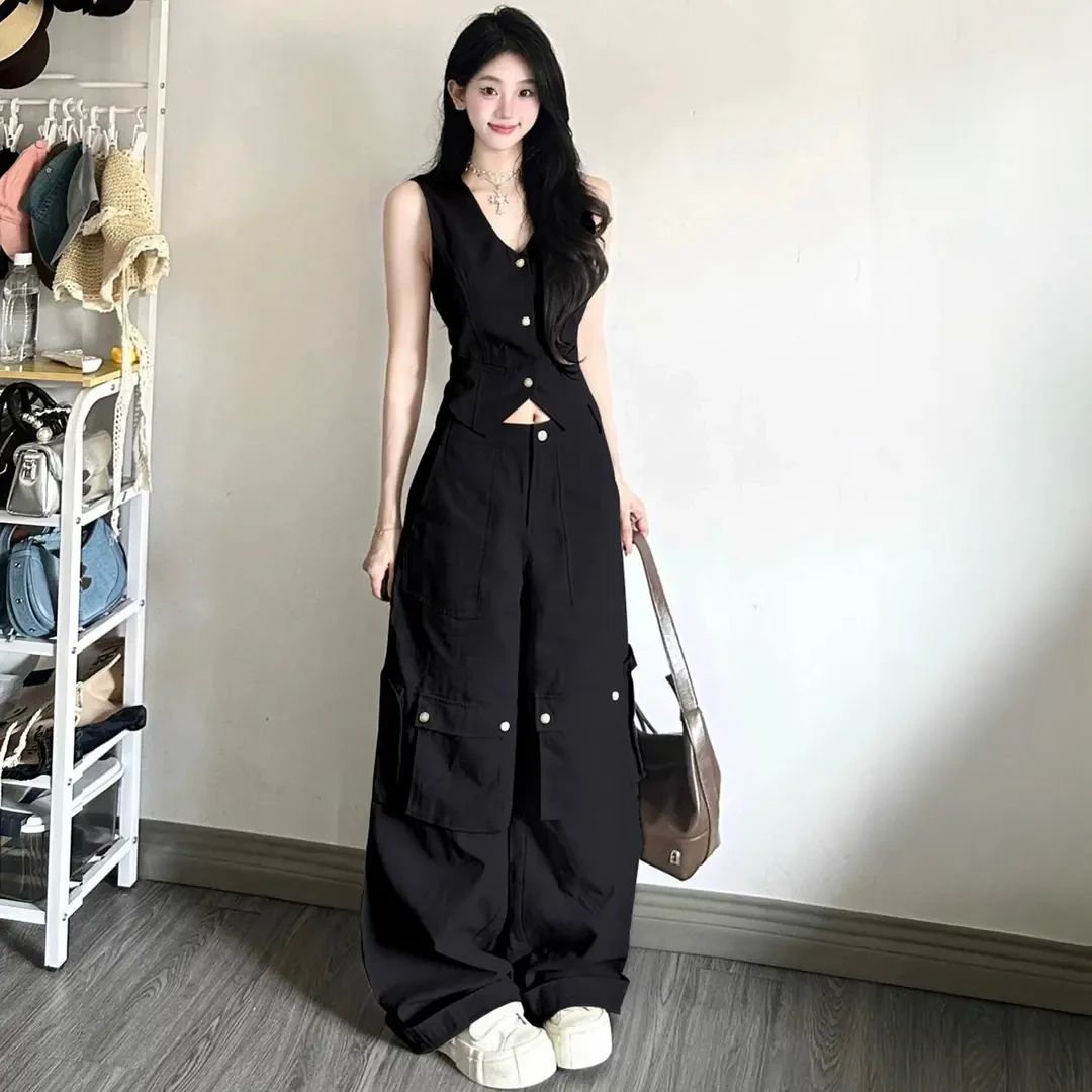 夏季新款港风酷飒套装女高级感气质马甲背心上衣显瘦工装阔腿裤子