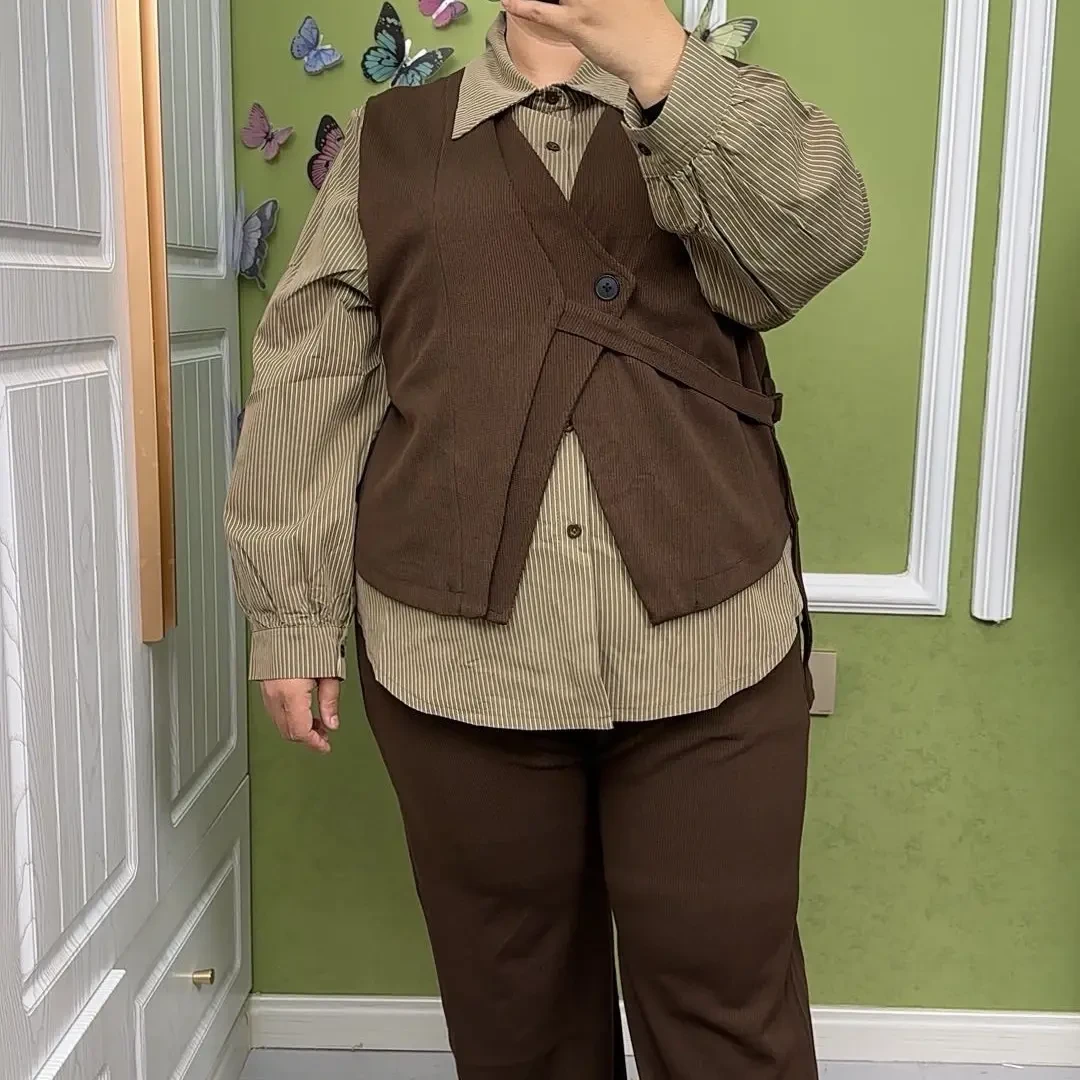 6666 复古ins风咖色马甲衬衫阔腿裤春秋新款高级感气质韩系穿搭
