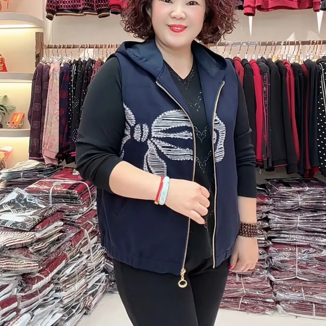 马甲233秋冬新款大码妈妈装蓝色条纹加里衬马甲爆款衬肤气质