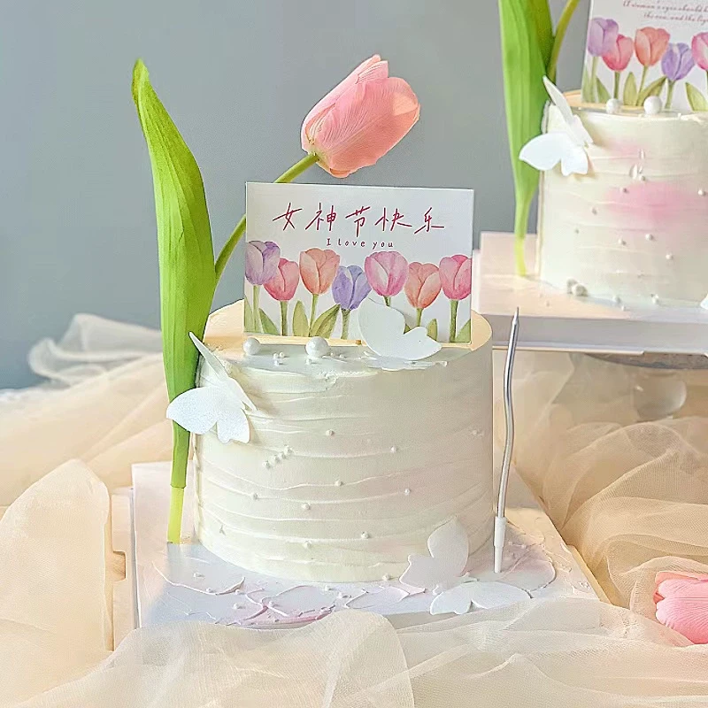 38女神节女王节蛋糕装饰插件仿真高级感郁金香烘焙甜品台插牌摆件