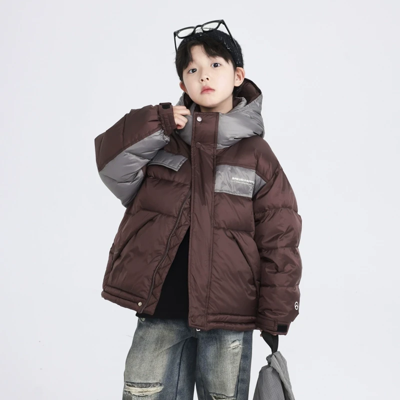 男大童冬季高端撞色连帽羽绒服2024新款儿童男孩冬装加厚外套5070