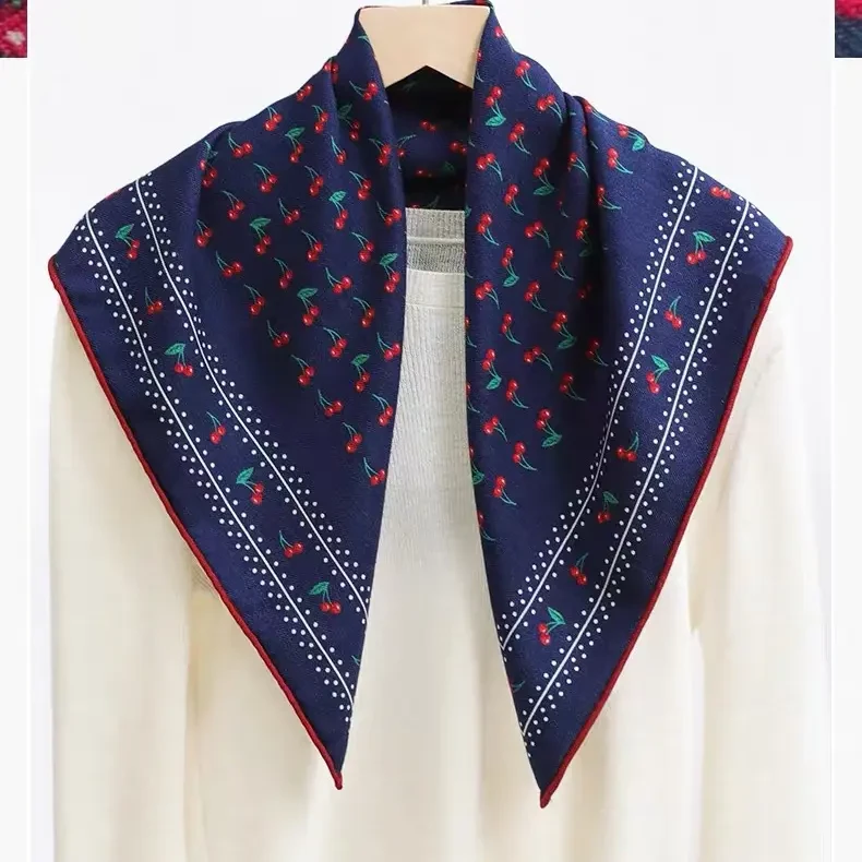 丝毛中方巾【樱桃小姐·藏蓝】经典文艺桑蚕丝绵羊毛围巾丝巾62cm