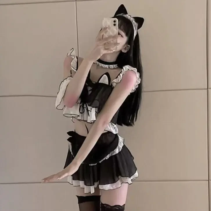 蕾丝日系甜美可爱风洛丽塔小猫咪吊带睡衣纯欲软妹短裙制服jk性感