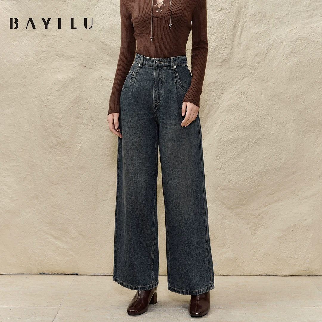 【初依】芭依璐2025春季牛仔裤女高腰阔腿裤复古直筒长裤91K2810