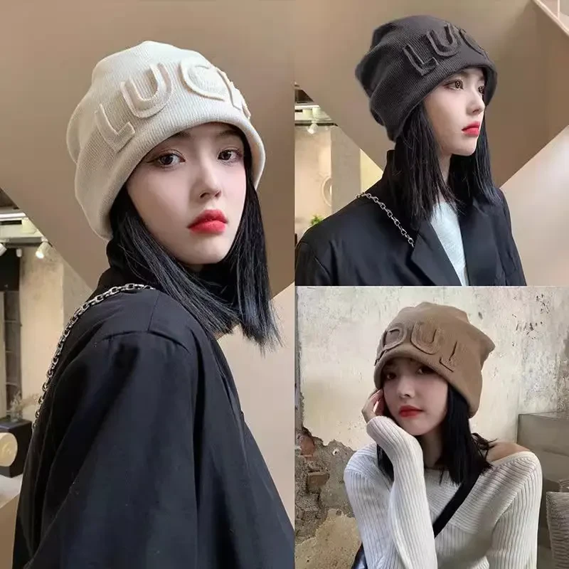 网红堆堆帽女产后月子帽春秋时尚字母日系毛线针织包头帽夏季冷帽