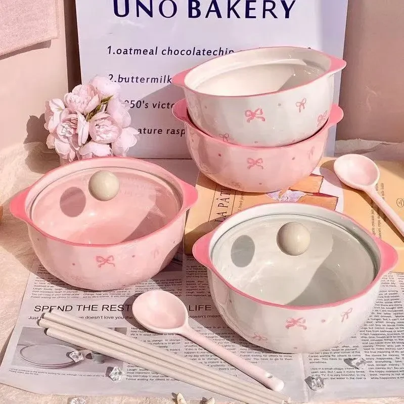 超仙新款泡面碗蝴蝶结高颜值陶瓷面碗耐高温高级带盖少女螺蛳粉碗