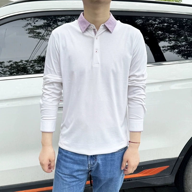 上衣桑蚕丝14%+棉86%高档休闲夏季新款男士翻领长袖T恤修身打底衫