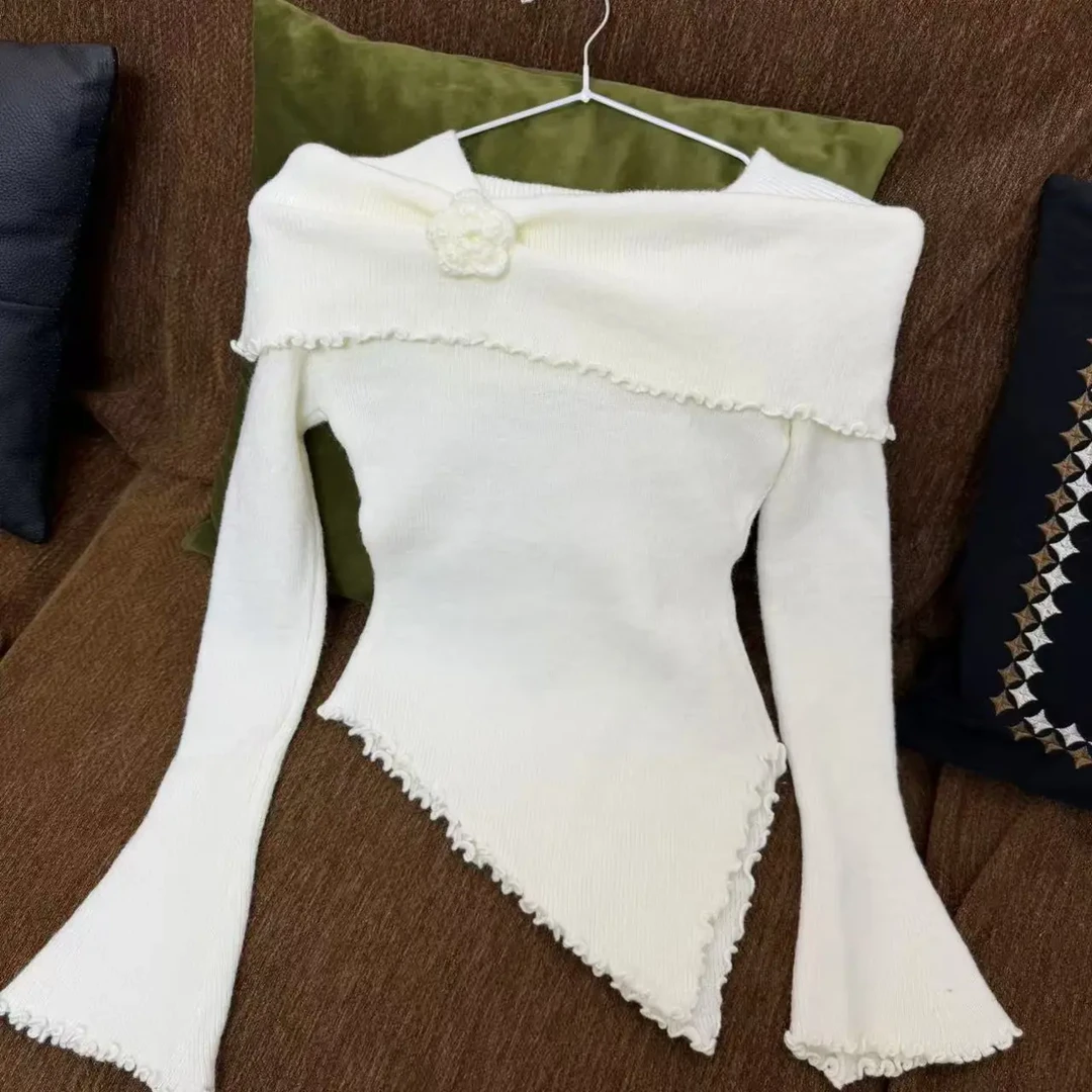 法式气质花朵方领针织衫女秋款不规则收腰显瘦上衣