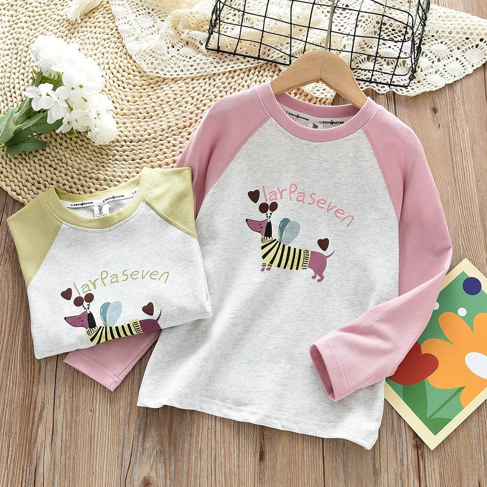 洋气女童长袖T恤儿童圆领印花小狗狗插肩打底衫女童春秋款上衣新