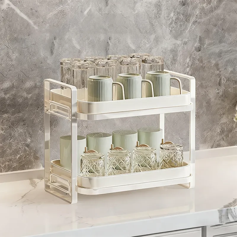 杯子收纳置物架双层茶杯架茶具收纳架沥水托盘家用桌面放水杯架Y