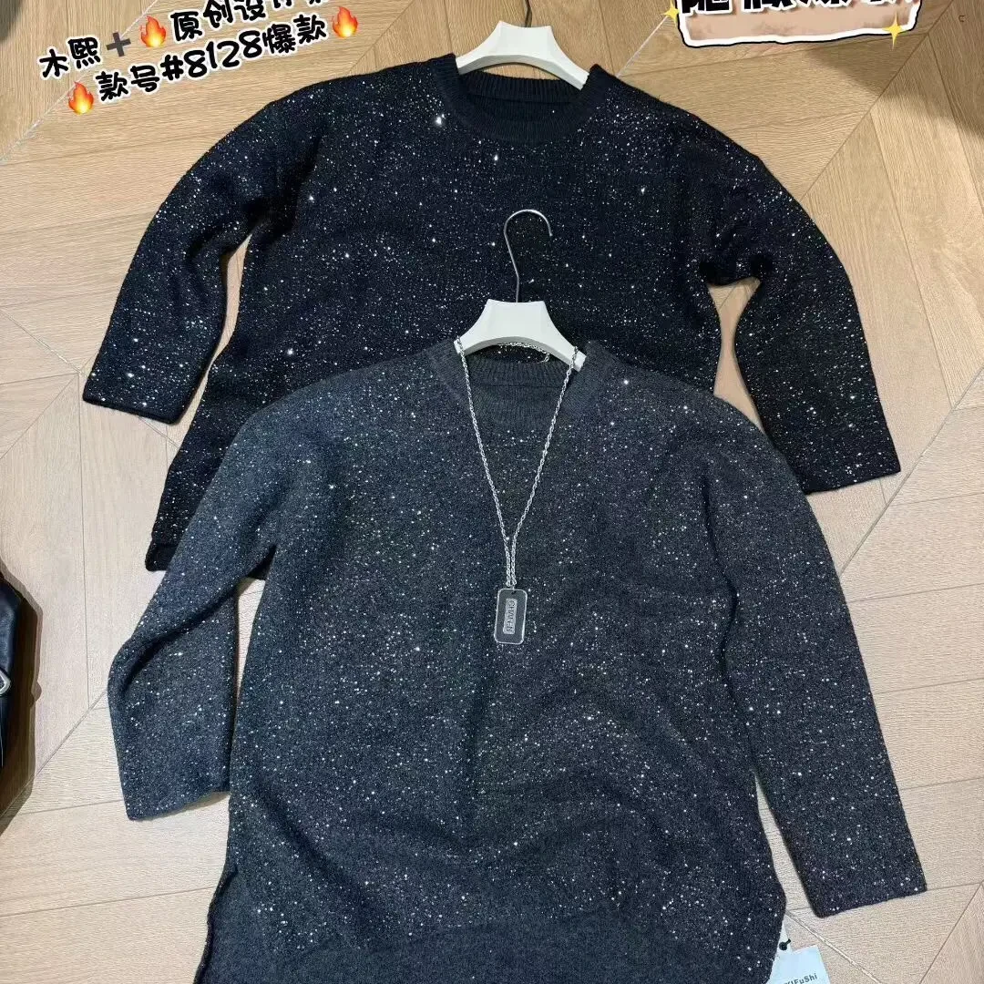 8128意凡亮片圆领针织毛衣女秋冬慵懒风宽松显瘦百搭加厚打底上衣