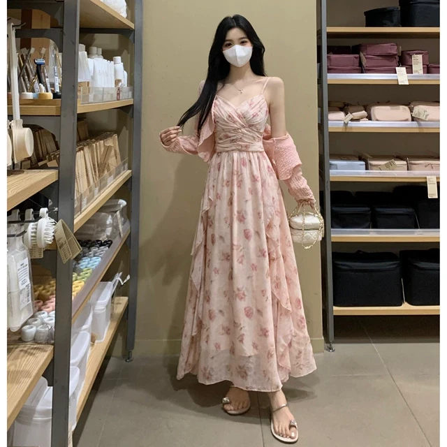 大码胖mm高腰荷叶边吊带连衣裙女夏季甜美温柔两件套上衣防晒开衫