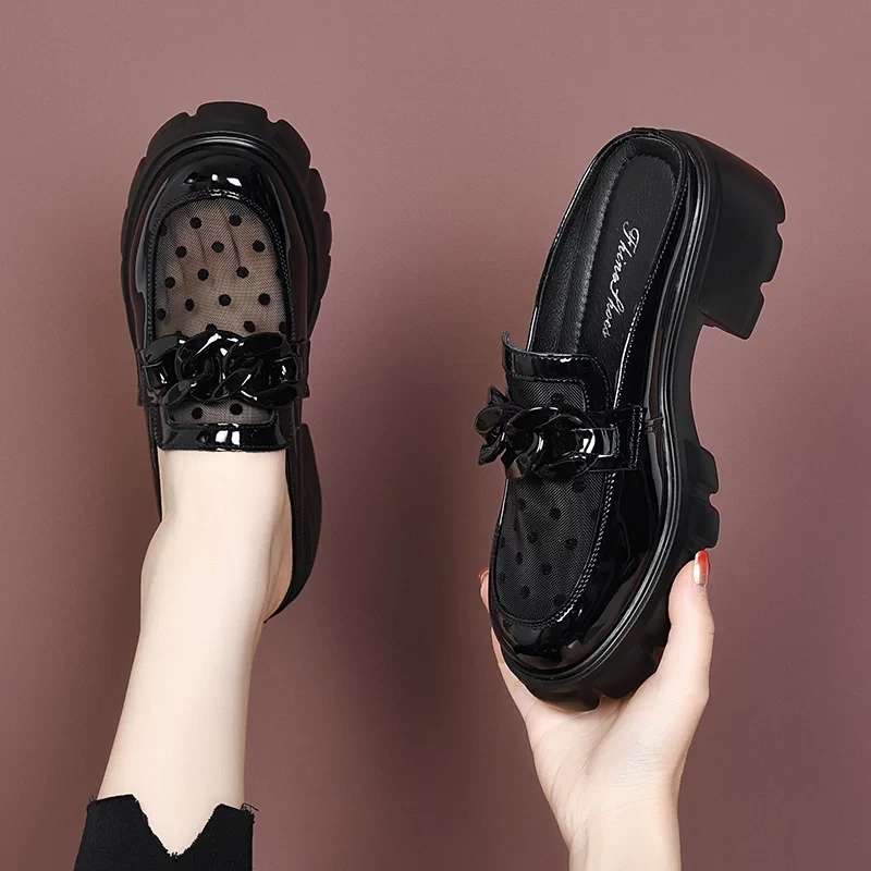 2025新款春夏网纱包头半拖鞋女外穿厚底半托女鞋乐福鞋真皮凉拖鞋