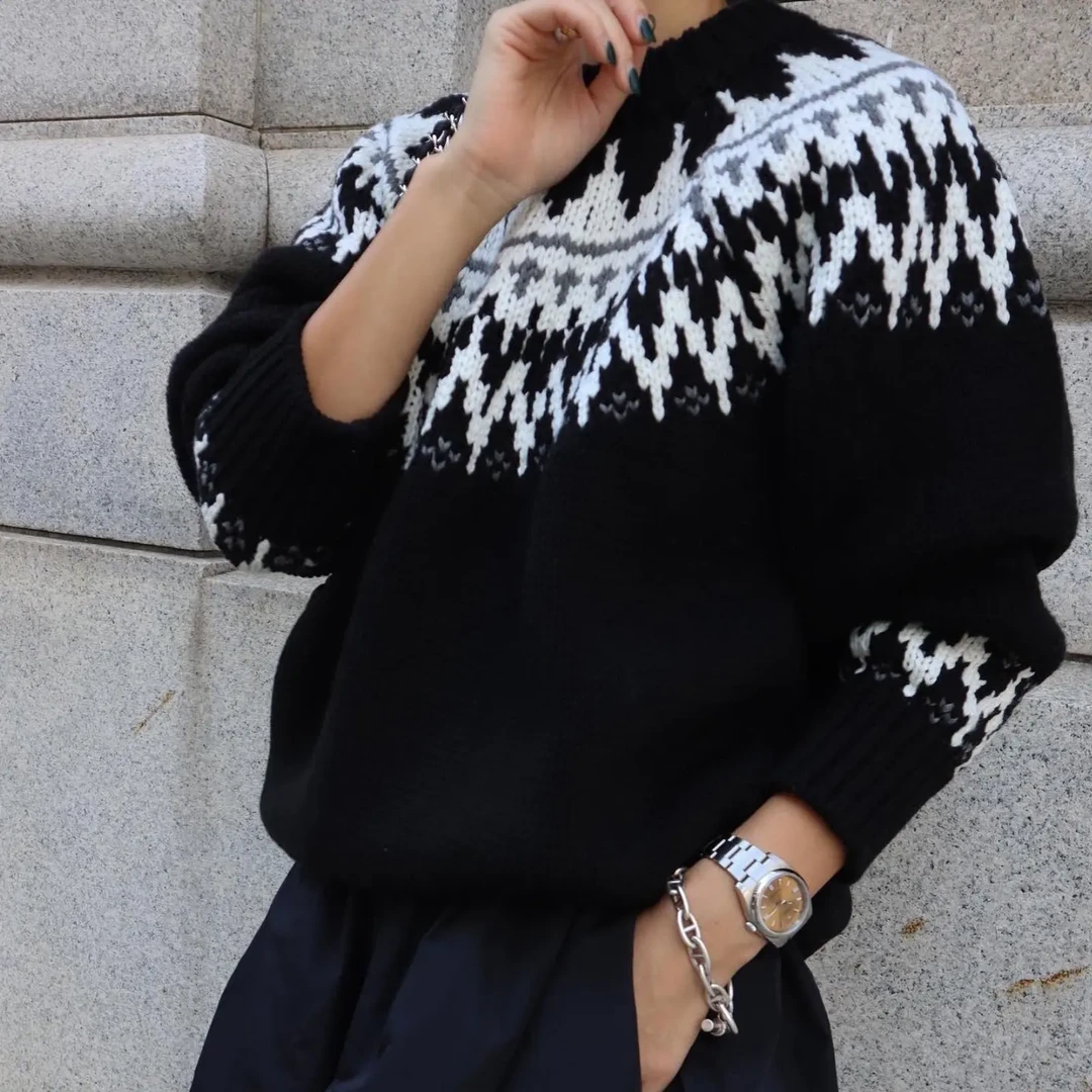 日系秋冬女士加厚提花费尔岛宽松慵懒风套头针织衫