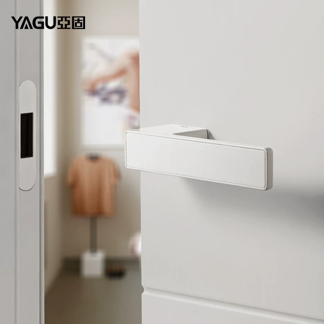 亚固白色意式极简木门锁磁吸门锁室内卧室房门锁门把手静音简约新