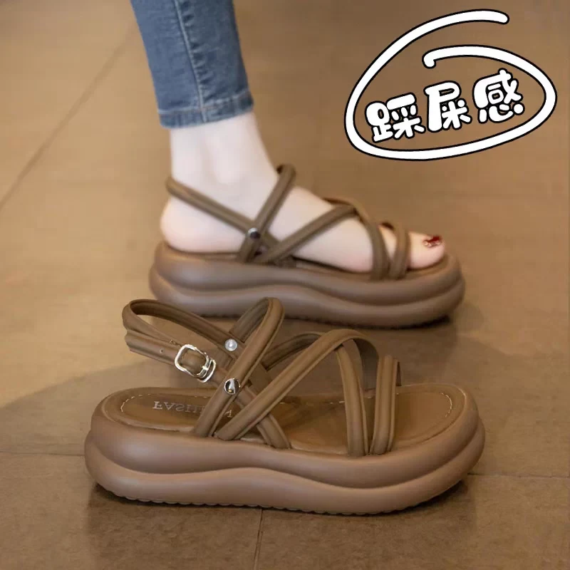 李宁联名御芃踩屎感真皮罗马凉鞋女配裙子2024新款夏季百搭休闲厚