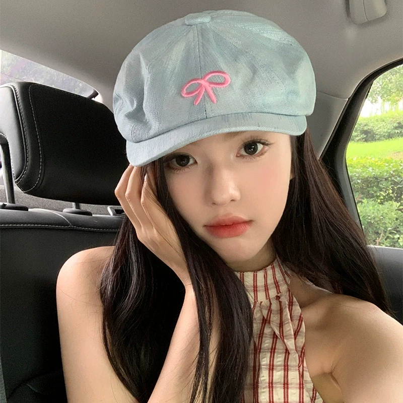韩版甜美粉色蝴蝶结立体刺绣牛仔八角帽女百搭显脸小软顶贝雷帽子
