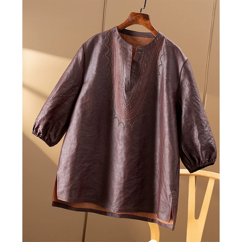 油润老皮子 新中式真丝龟裂纹香云纱刺绣圆领衬衫春天家女29C3