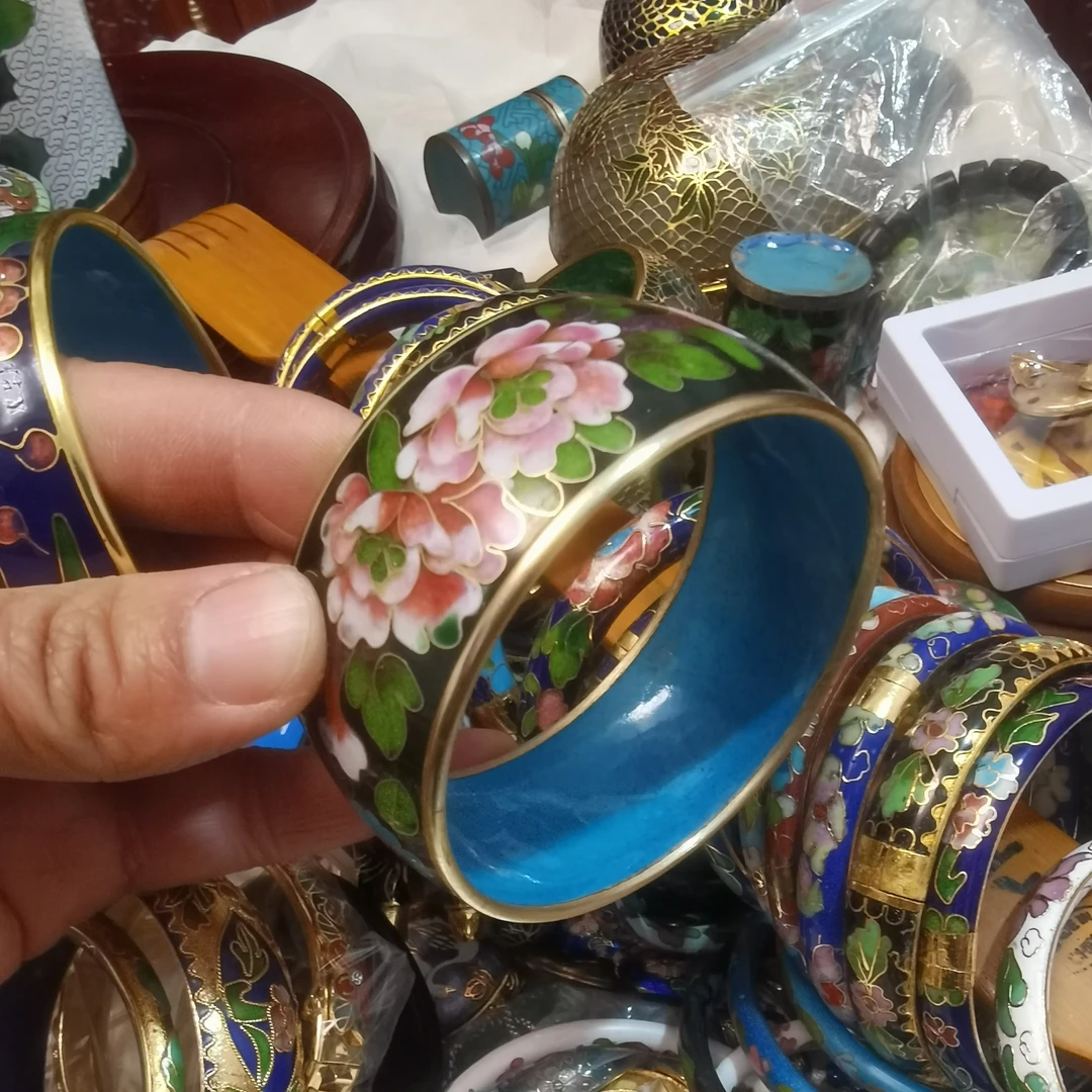 景泰蓝银兰宽手镯，深蓝色，喜上眉梢图案