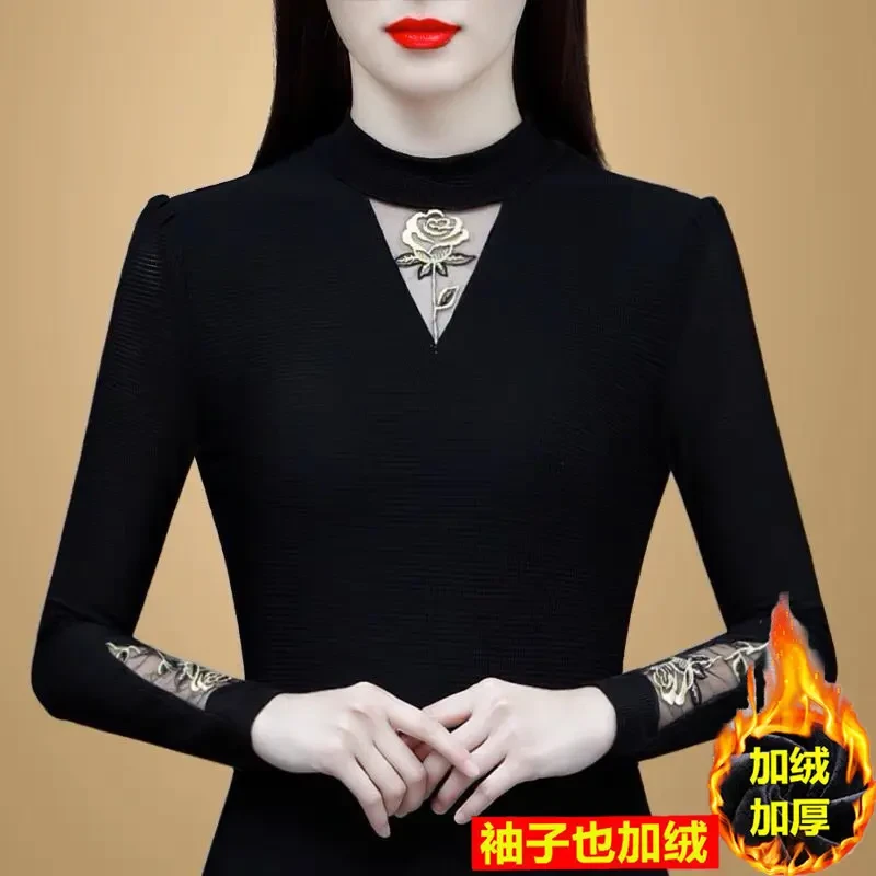 GF#869 秋冬新款黑色加绒加厚长袖t恤女韩版漂亮半高领网纱打底衫