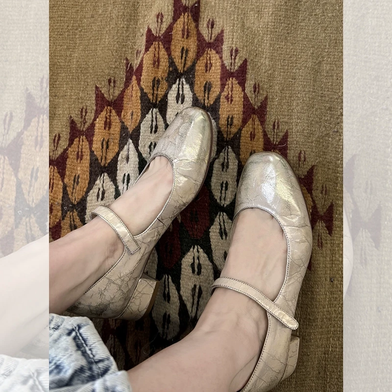 【擦金玛丽珍】擦色牛皮 法式方头一字扣带粗跟中空单鞋MS241004