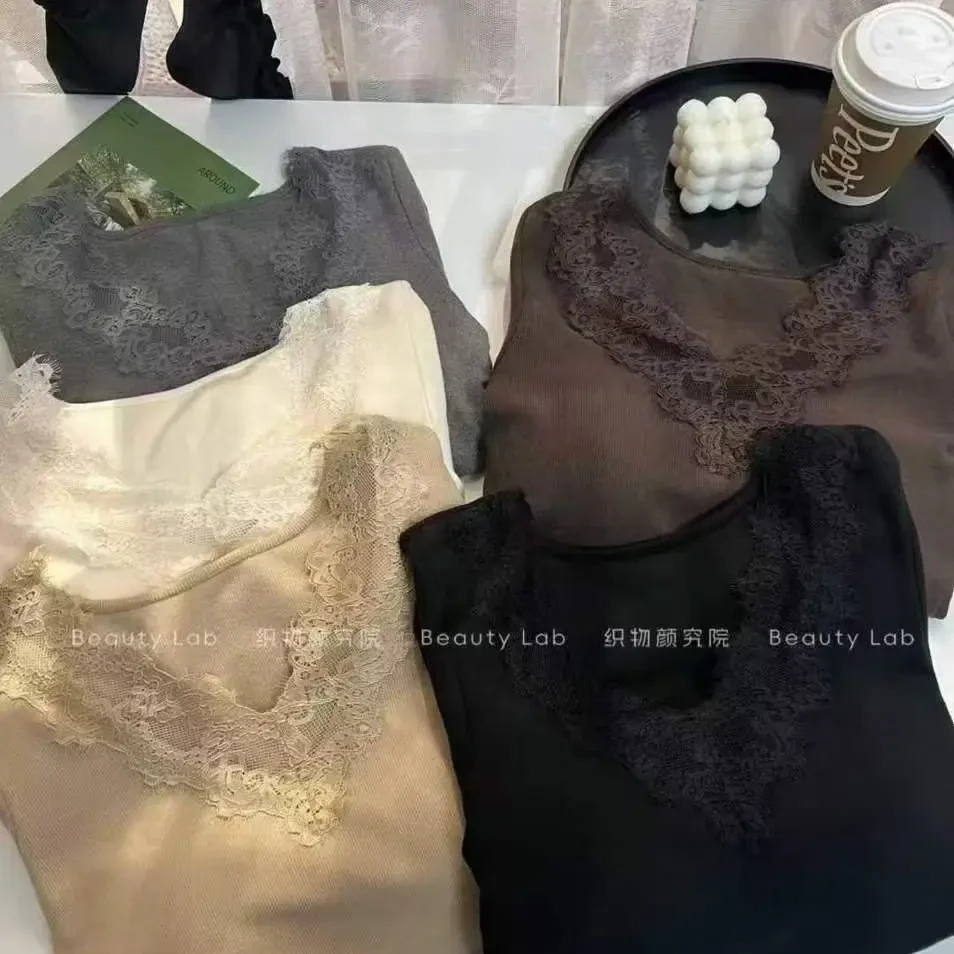 蕾丝v领长袖磨毛打底