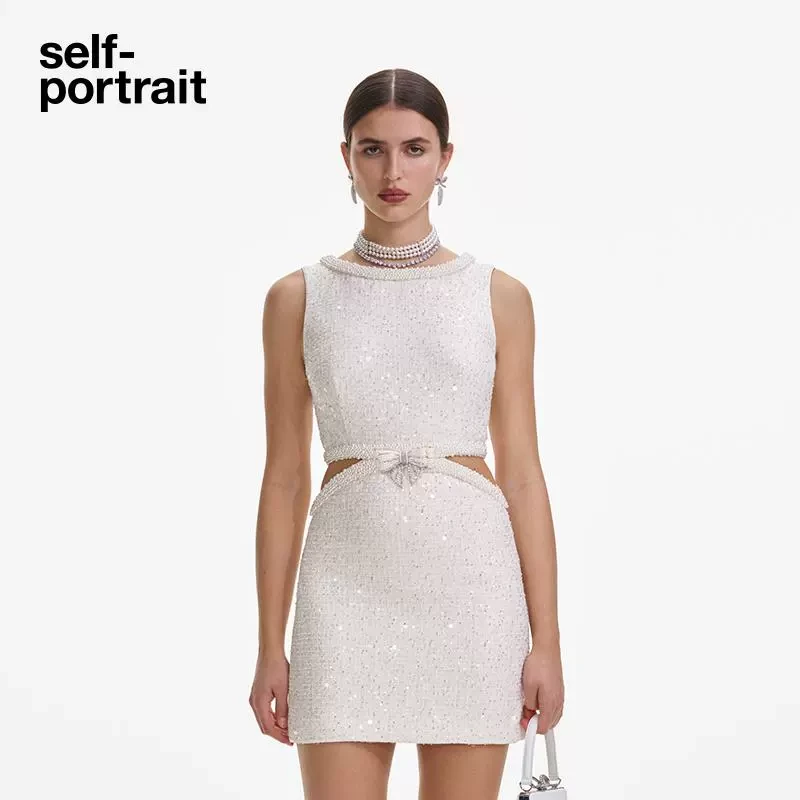 【何超莲同款】self-portrait 纯净白气质粗花呢无袖连衣裙