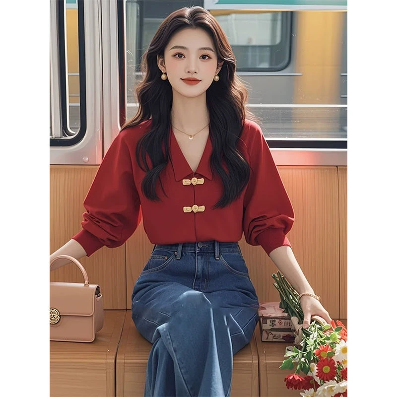 新中式国风盘扣红色长袖衬衫炸街显瘦秋款小众不撞款漂亮独特上衣