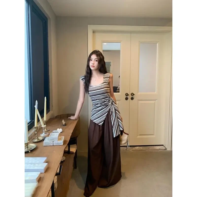 老钱风时尚套装高级感气质条纹吊带背心女装夏季高腰休闲裤两件套