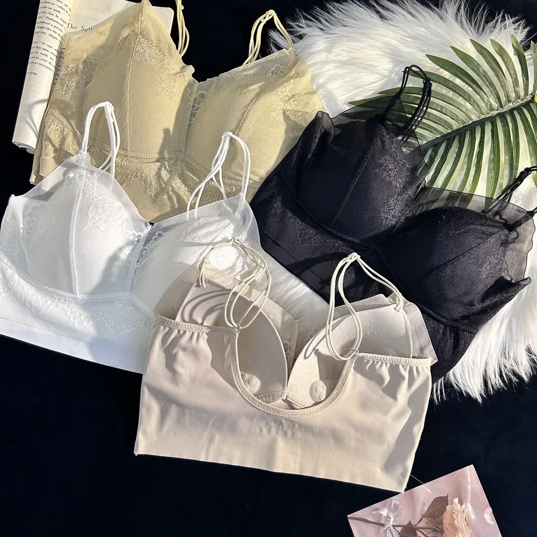 夏季内衣女士蕾丝美背薄款冰丝吊带法式小胸聚拢固定胸垫小背心Y