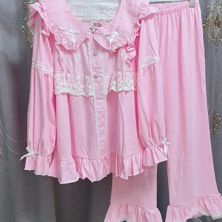 蕾丝拼接宫廷风长袖长裤冰瓷棉睡衣甜美舒适家居服