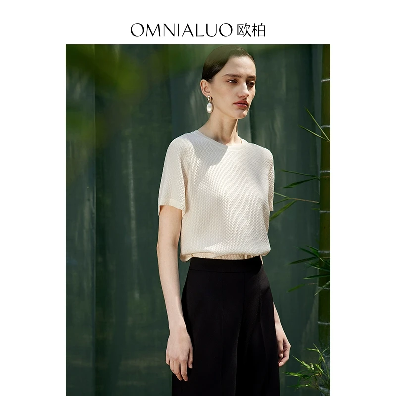欧柏高端冠乐绉真丝T恤女短袖2025夏季宽松大码OL气质桑蚕丝上衣