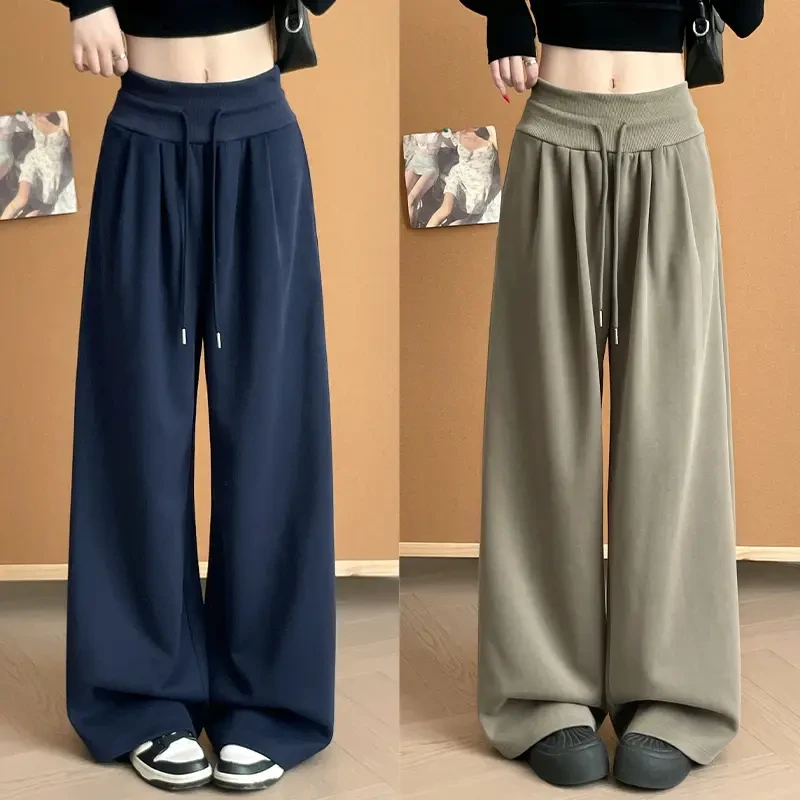 女士美式高腰宽松运动裤秋冬季保暖裤垂感直筒阔腿裤休闲百搭女裤