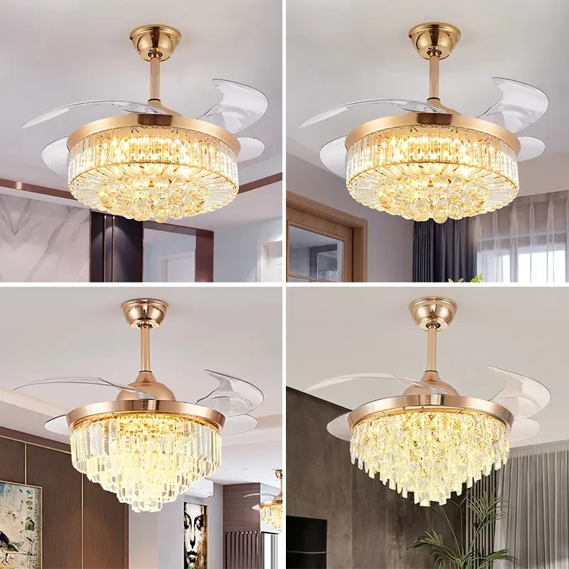水晶风扇灯轻奢隐形客餐厅吊灯六档变频静音全铜电机家用吊扇灯