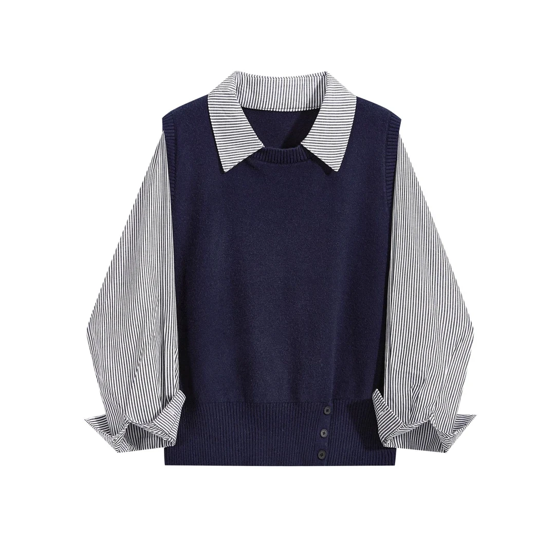 秋冬新款韩系通勤拼接条纹Polo领假两件长袖针织衫女