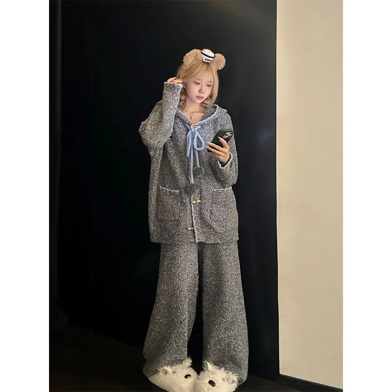 半边绒睡衣女韩版企鹅牛角扣秋冬季新款保暖加厚家居服套装可外穿