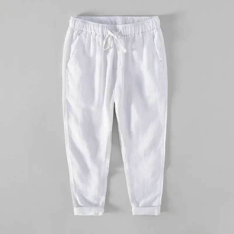 纯亚麻透气九分裤棉麻直筒裤男系绳休闲薄松紧腰百搭裤子夏季爆款