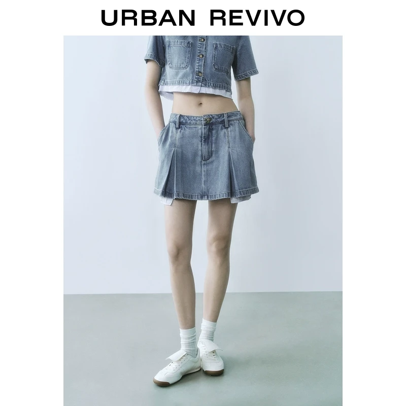 UR2025夏季新款女装时髦复古撞色拼接压褶牛仔半裙UYY850135