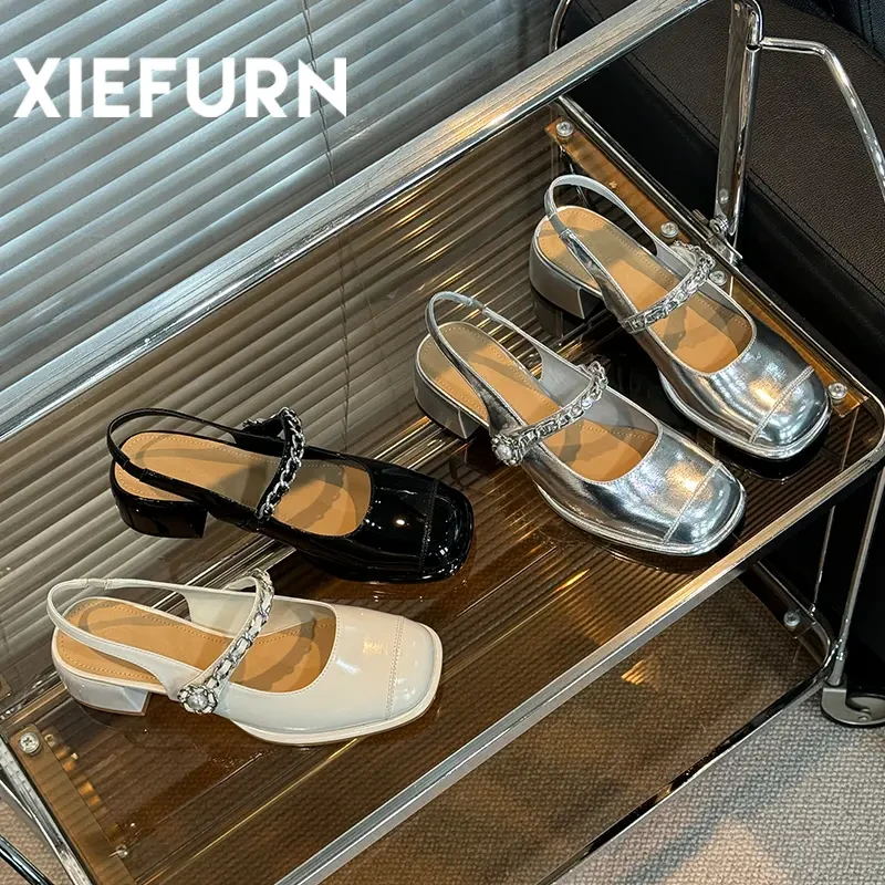 XIEFURN/鞋夫人2024夏季新款法式时尚气质百搭粗跟浅口玛丽珍凉鞋