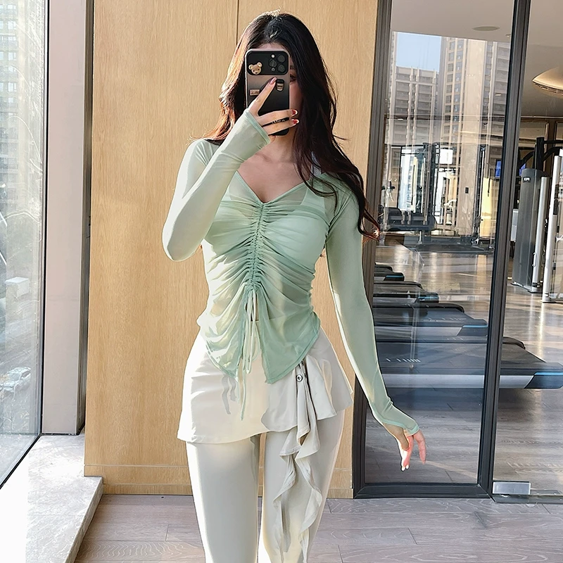 奔跑吧卡卡运动网纱罩衫女气质修身普拉提瑜伽服长袖透气健身上衣