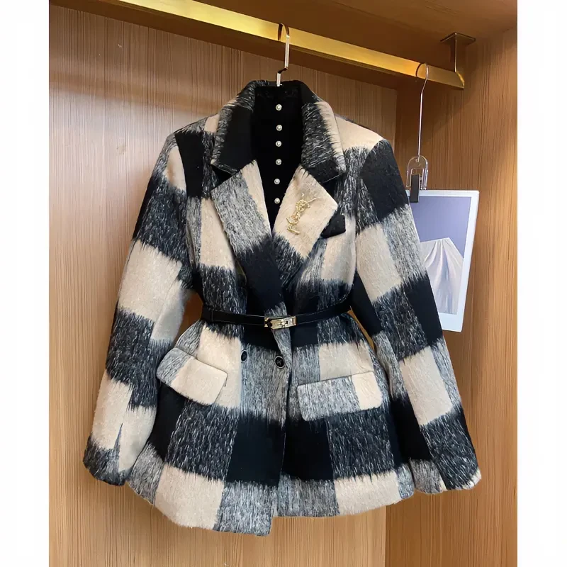 欢喜秋冬新款毛呢大衣女中长款格子拼接毛呢外套女