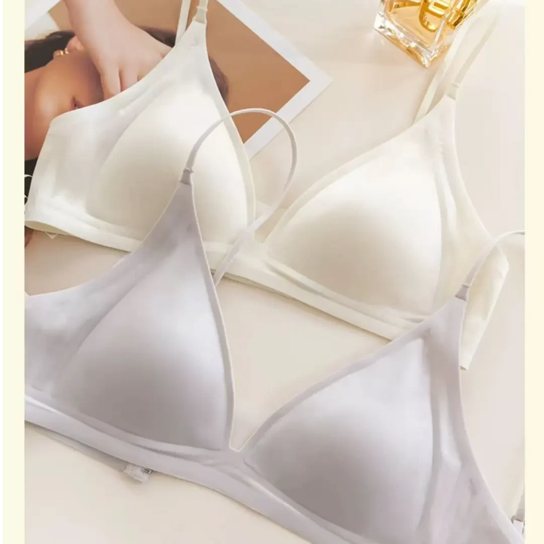 裸感无痕光面内衣轻奢网纱拼接三角杯小胸聚拢无钢圈调整型文胸罩