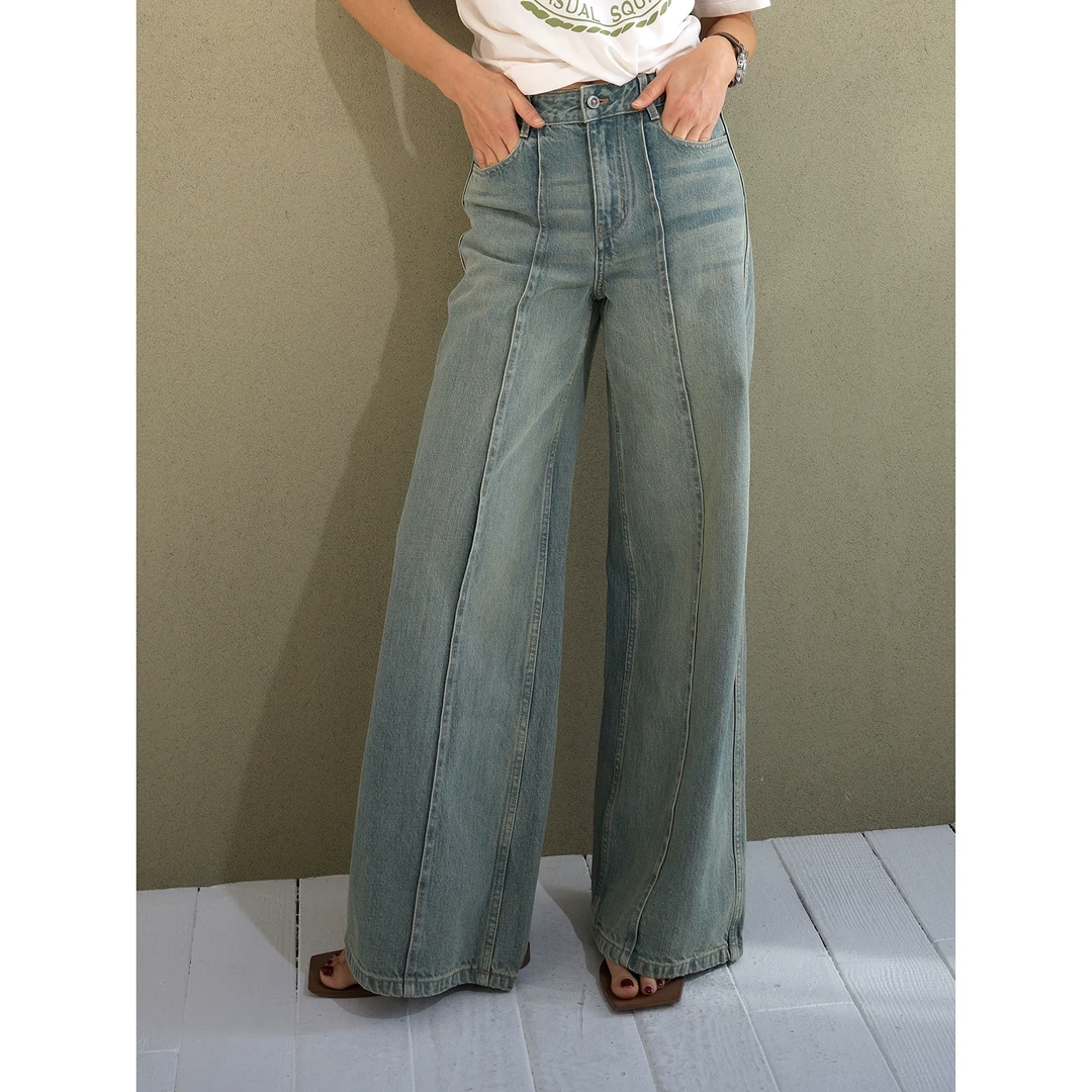 UPINLOOK 土耳其胚布~立裁中缝线女款宽管直筒牛仔裤长裤CC102