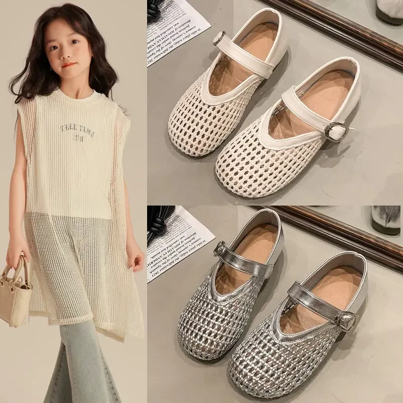 ABC女童银色小皮鞋2025春季软底公主鞋儿童夏季外穿透气镂空凉鞋