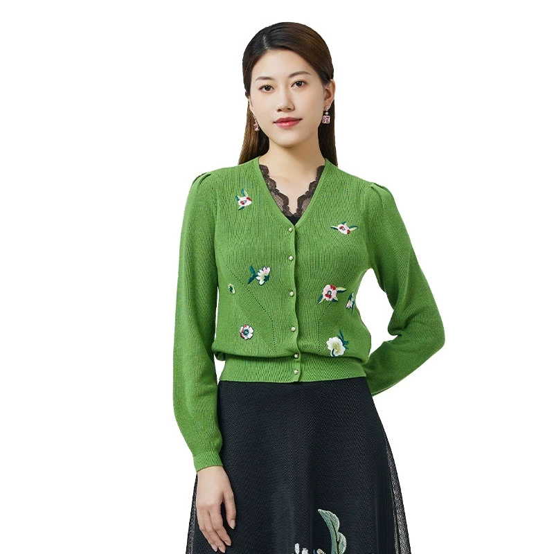 SUSSI/古色春商场同款绿色刺绣单排扣V领针织开衫外套毛衣女